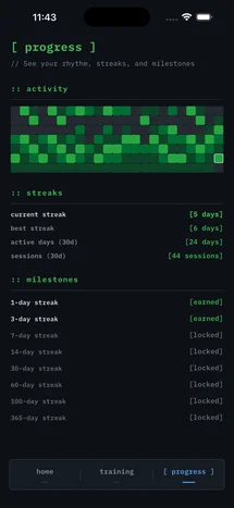 Eye Exercises progress screen with activity streaks and milestones